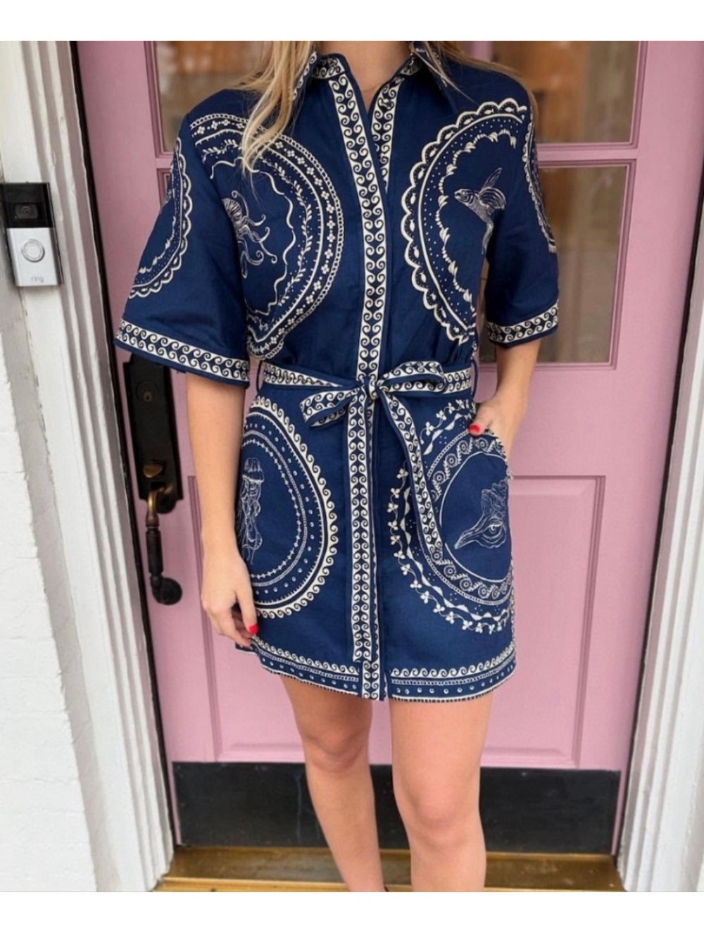 Alemais Oceane belted printed linen mini shirt dress